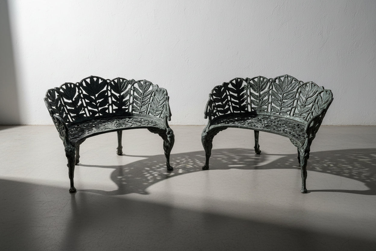 Pair of c.1890 Victorian Cast Iron Garden Benches with Sculptural Leaf Backrests