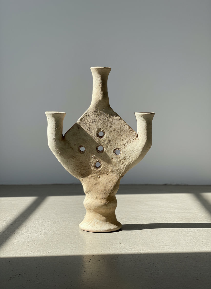 Rare Antique Multi-Spouted Terracotta Ritual Vessel with Pedestal Base
