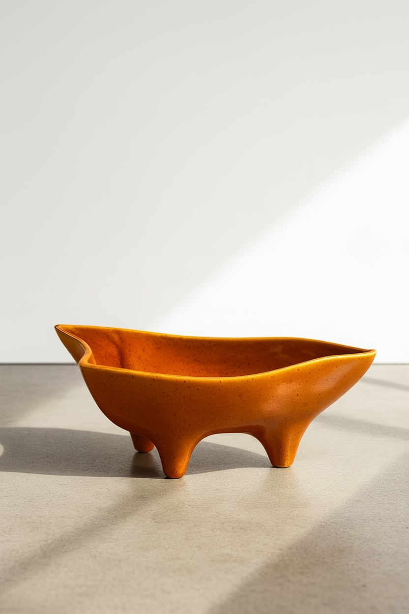 Rare Sculptural Mid-Century Modern Orange Speckled Tripod Ceramic Bowl – Signed Studio Pottery Vessel