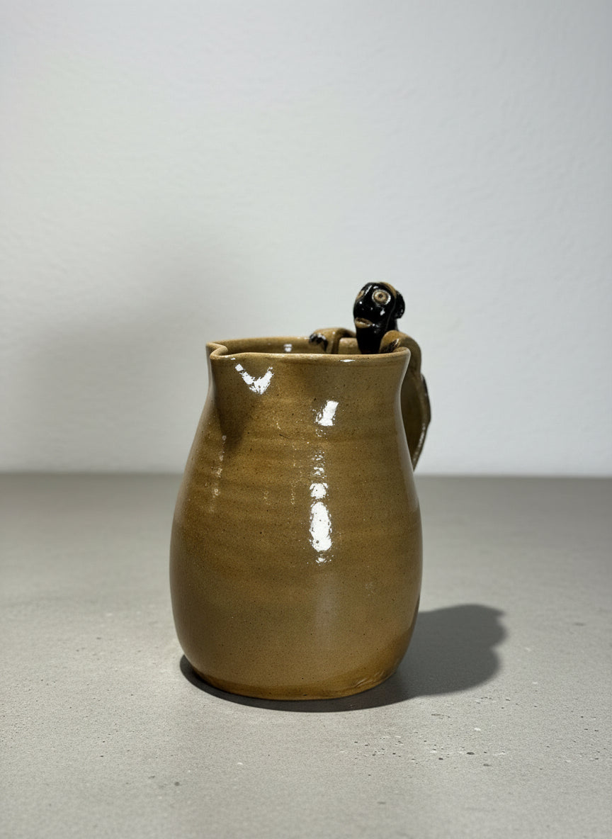 Wilford Dean Handmade Stoneware Pitcher with Sculpted Face Handle, North Carolina Folk Pottery
