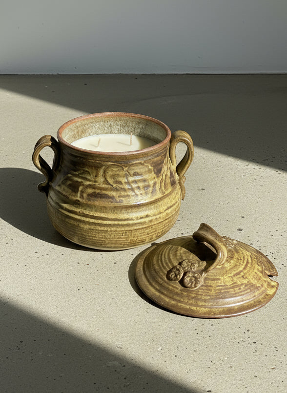 Huge Rustic Hearthstone Ceramic Candle – Handcrafted Double-Handled Lidded Pot