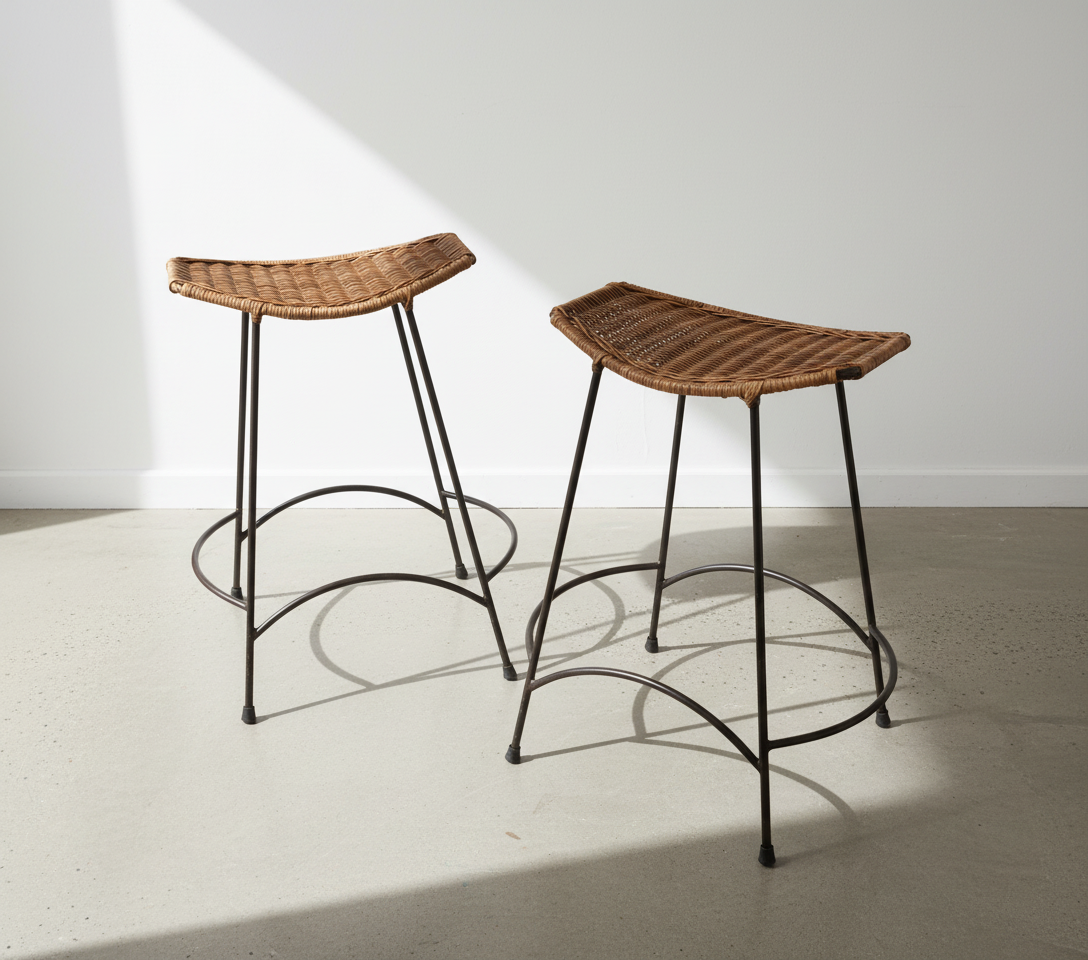 Arthur Umanoff Style Wicker And Wrought Iron Barstools Set of 2