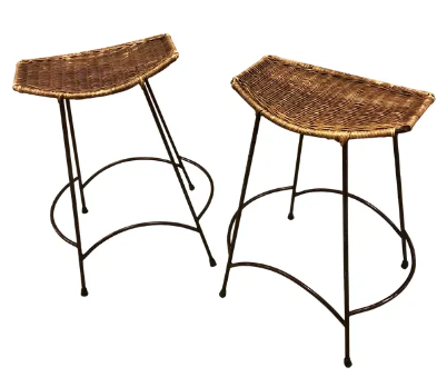 Arthur Umanoff Style Wicker And Wrought Iron Barstools Set of 2