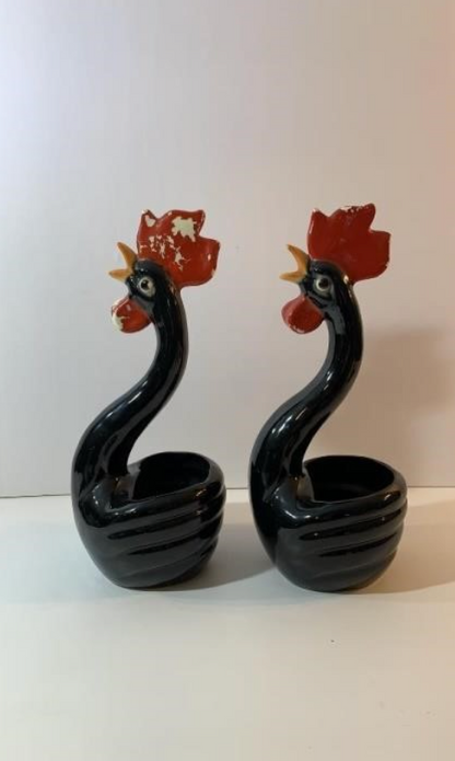 Vintage Maddux California Pottery Black Rooster Planter (Set of 2)