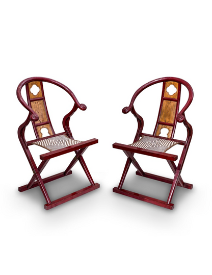 Pair of Vintage Chinese Horseshoe Wooden Folding Chairs