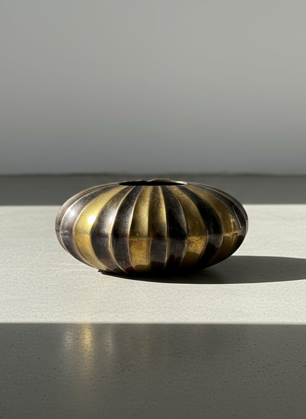 Sculptural Mid-Century Brass and Bronze Ribbed Oval Vase — Handcrafted Modernist Decorative Vessel