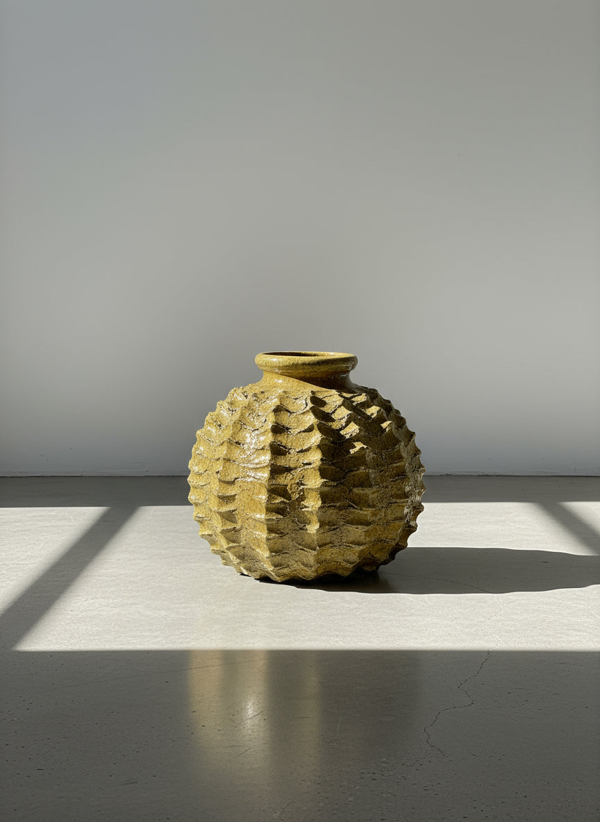 Sculptural Moroccan Handcrafted Vase with Textured Ochre and Dark Accents
