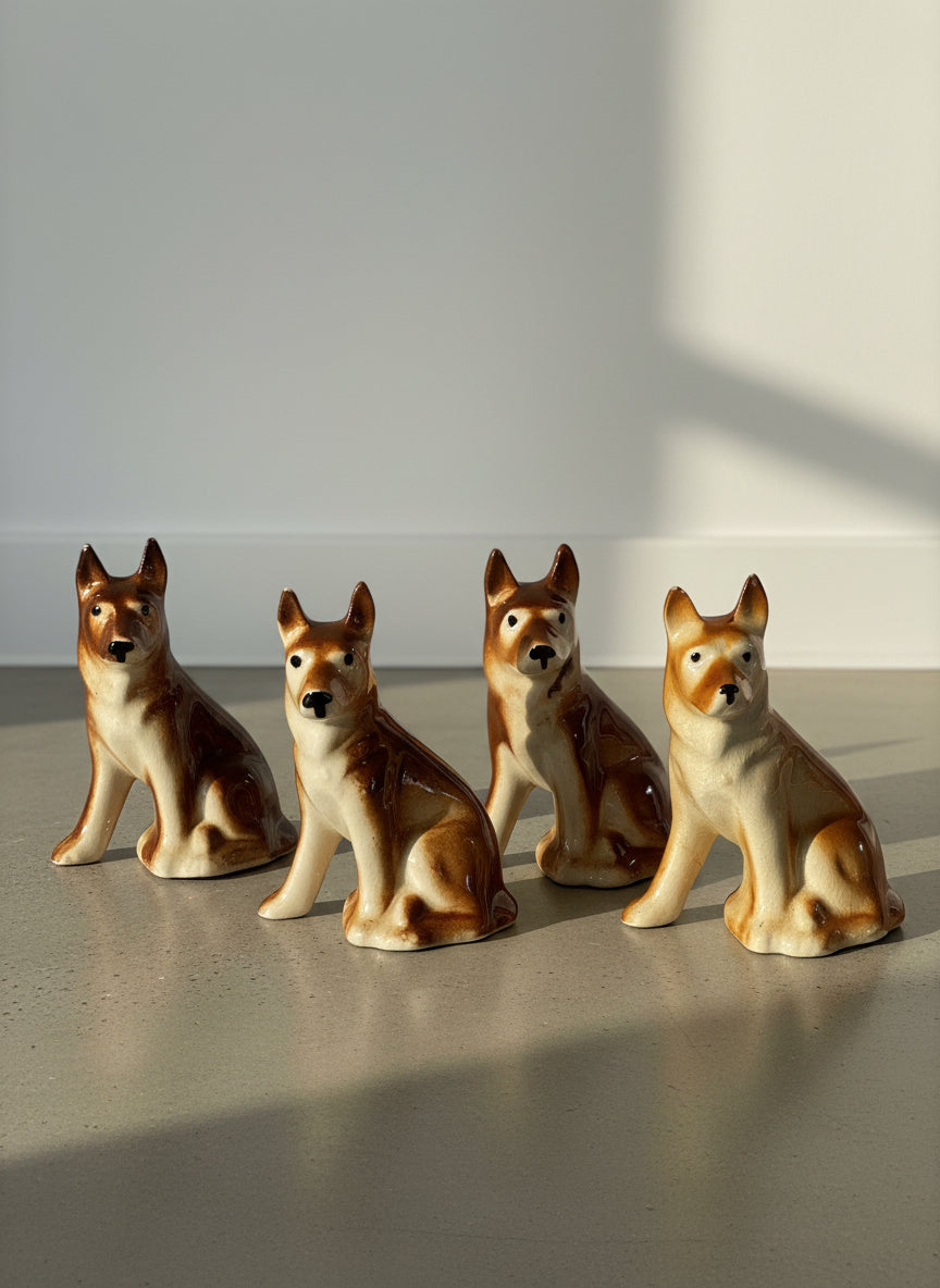 Set of 4 Vintage Hand-Painted Ceramic Sitting Dogs – Brown & Cream Glazed Figurine Pack