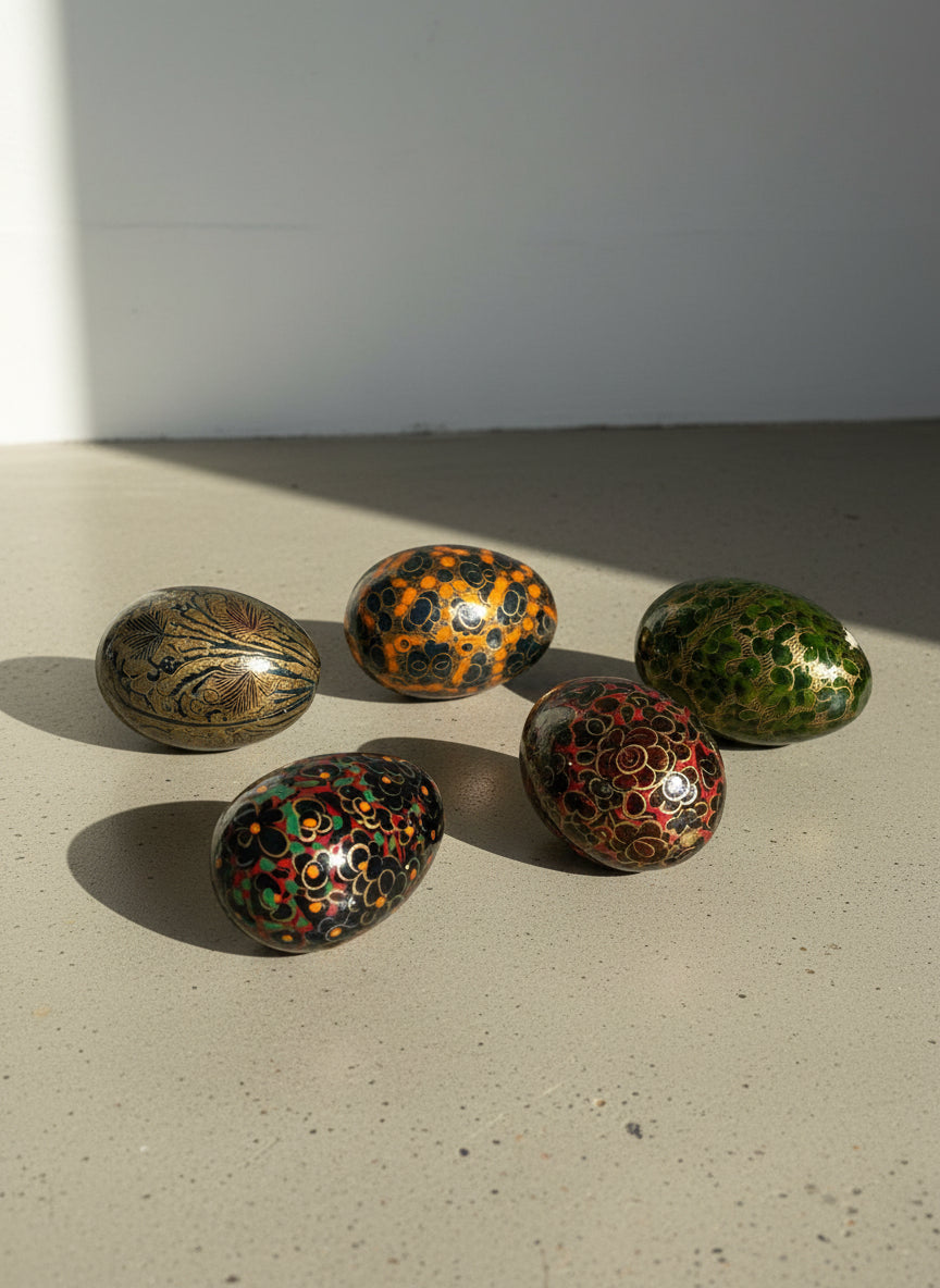 Set of 5 Hand-Painted Lacquer Decorative Eggs – Floral & Metallic Patterned Collectible Display Eggs