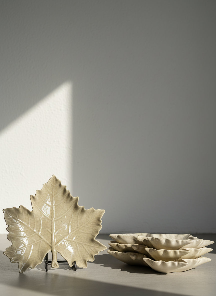 Vintage Set of 5 Ceramic Maple Leaf Serving Dishes – Handcrafted Speckled Glaze Autumn Tableware