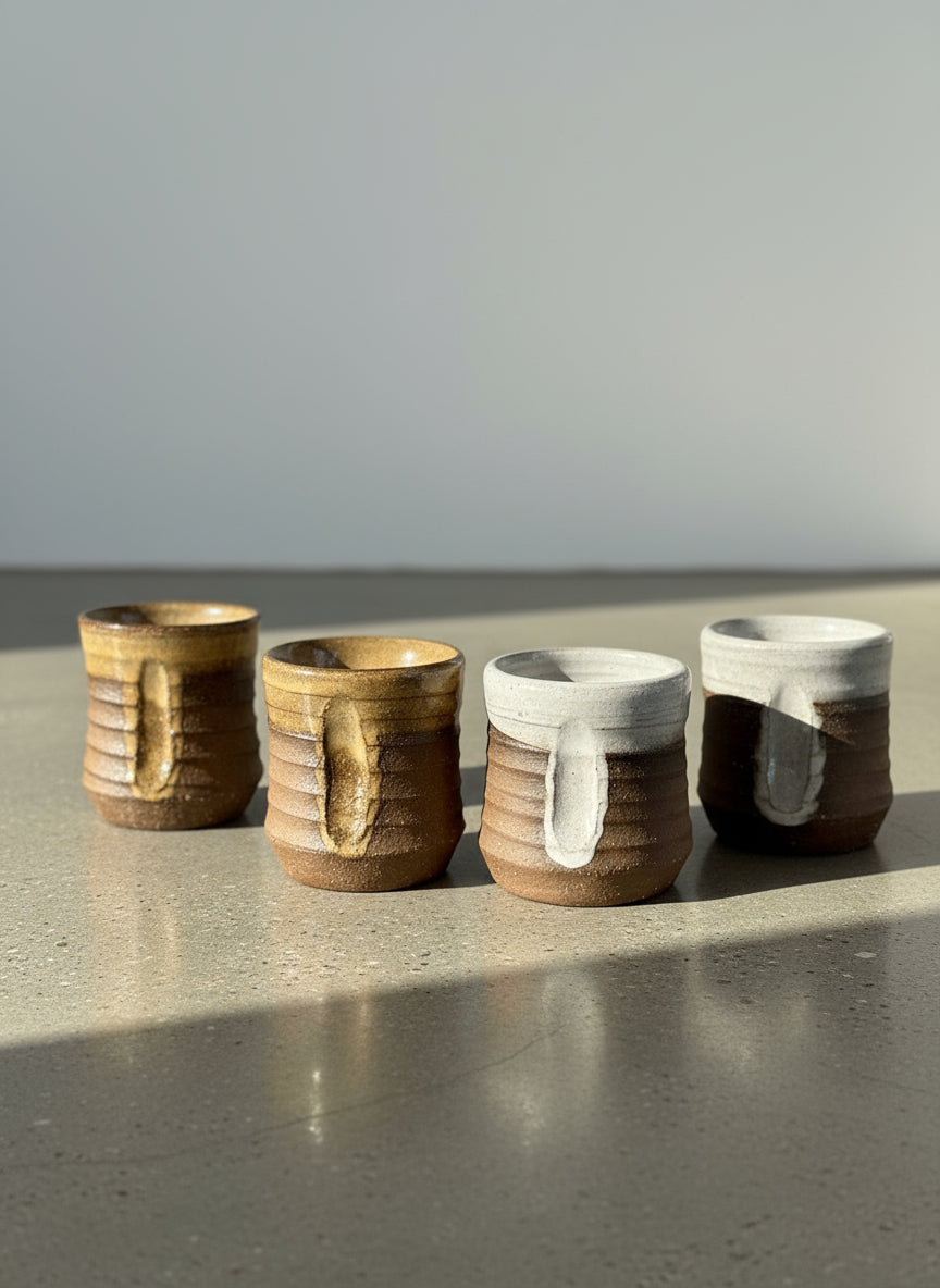 Set of Four Artisan Wheel-Thrown Stoneware Mugs with Earthy Brown and Ash Glaze Finish