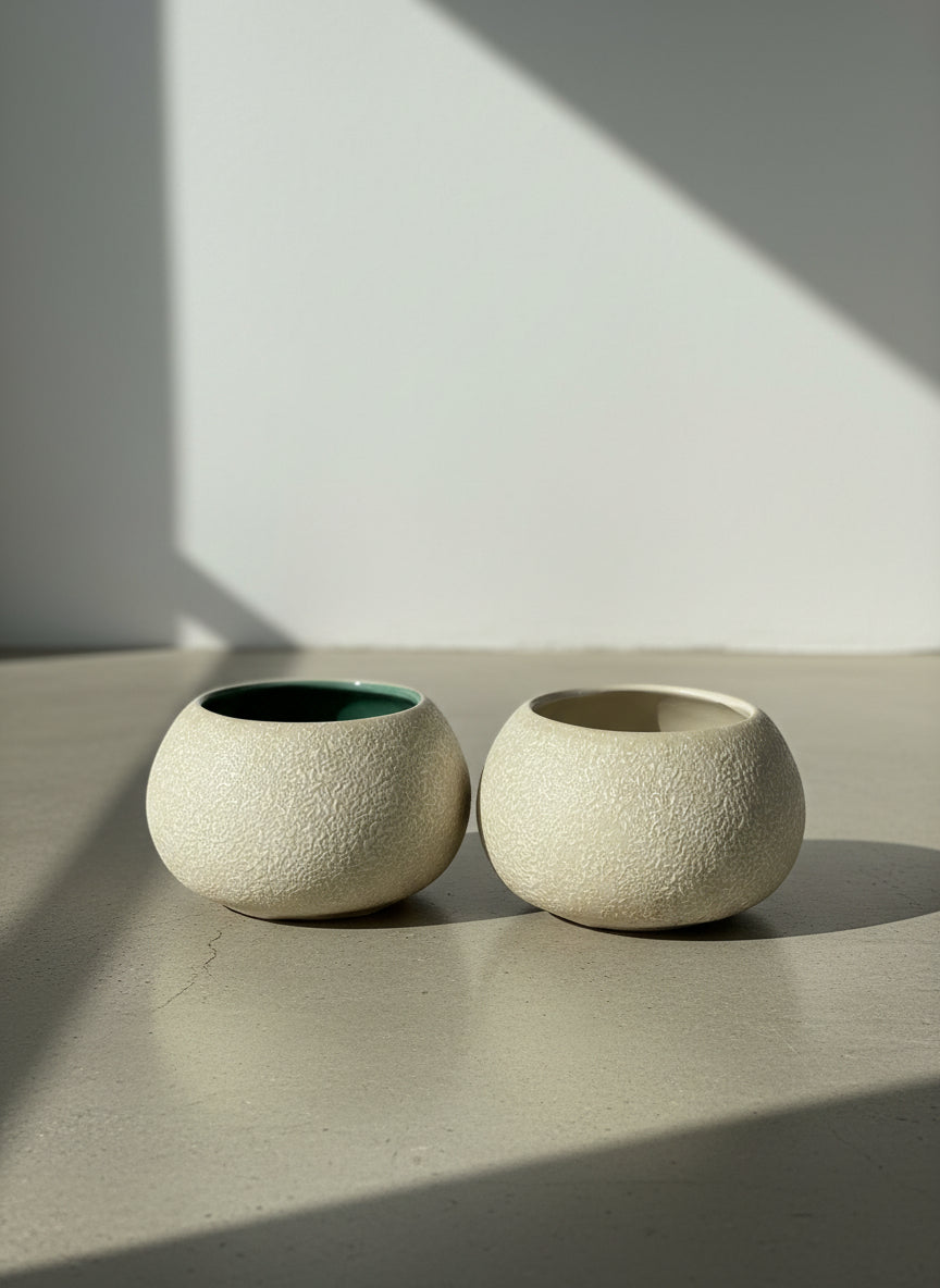 Set of Two Textured Cream Modern Ceramic Bowl with Contrasting Interior Glazes