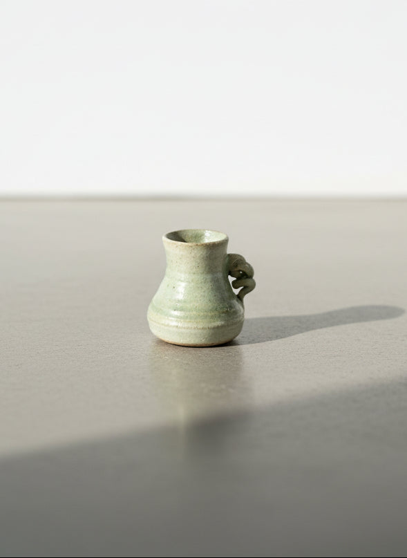 Signed Miniature Studio Pottery Jug – Hand-Thrown Celadon Green Stoneware Vessel with Sculptural Handle