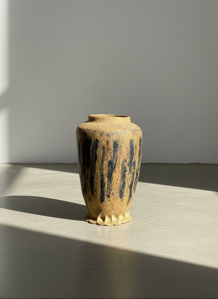 Signed Studio Art Pottery Earthenware Vase with Charcoal Drip Glaze and Thumbprint Base