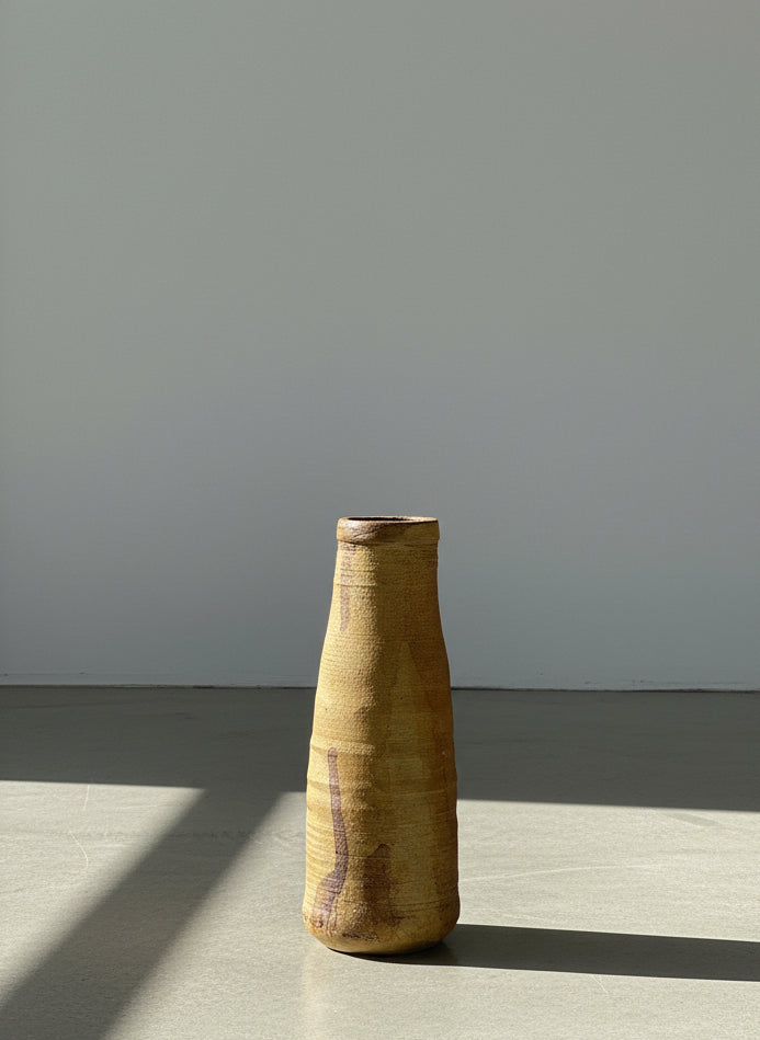 Signed Studio Art Pottery Earthenware Vase with Natural Earth-Tone Glaze and Textured Surface