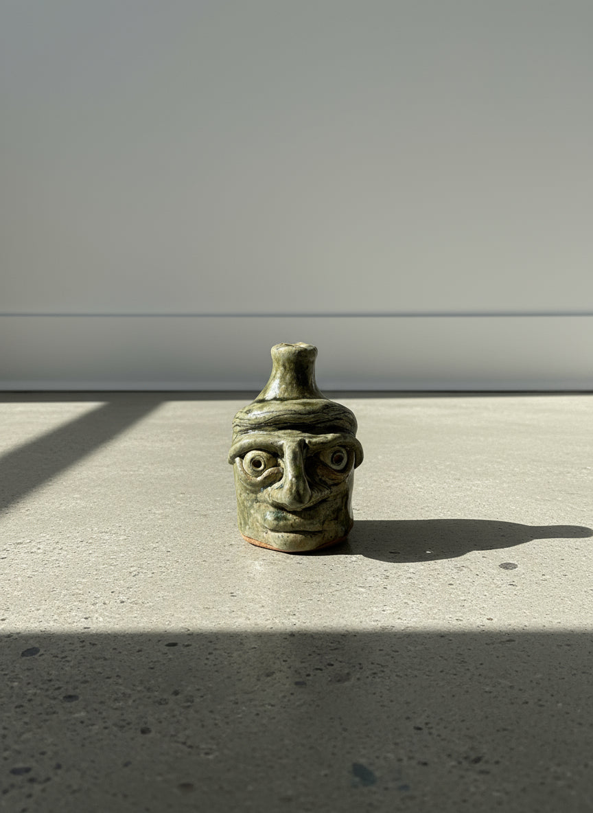 Signed Studio Art Pottery Face Jug “April Flowers” with Expressive Sculpted Features and Olive Drip Glaze