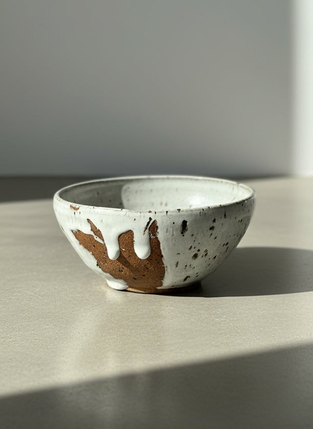 Signed Studio Art Pottery Stoneware Bowl with White Drip Glaze and Speckled Surface