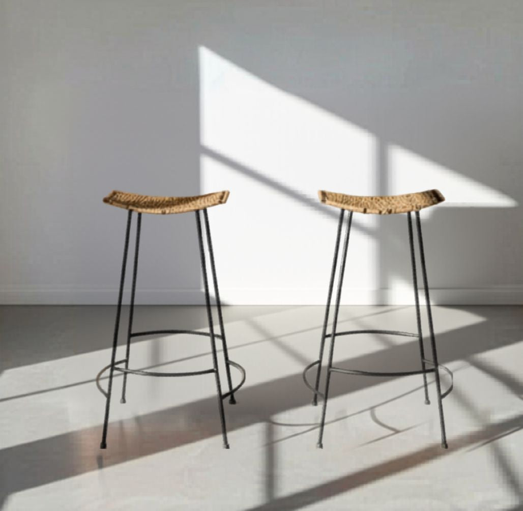 Arthur Umanoff Wicker & Iron Bar Stools – Authentic MCM Sculptural Pair