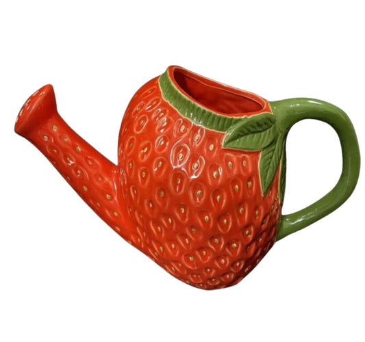Whimsical Hand-Painted Ceramic Strawberry Watering Can – Garden Decor & Indoor Use
