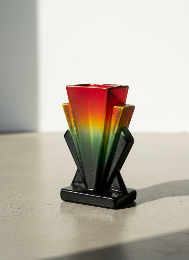 Striking Art Deco Revival Ceramic Fan Vase with Amber-to-Green Drip Glaze