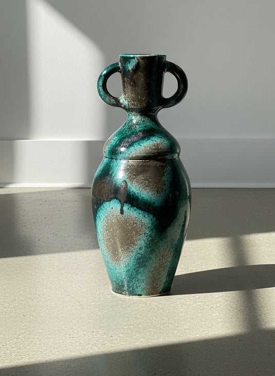 Striking Mid-Century Modern Twin-Handled Studio Pottery Vase with Drip Glaze