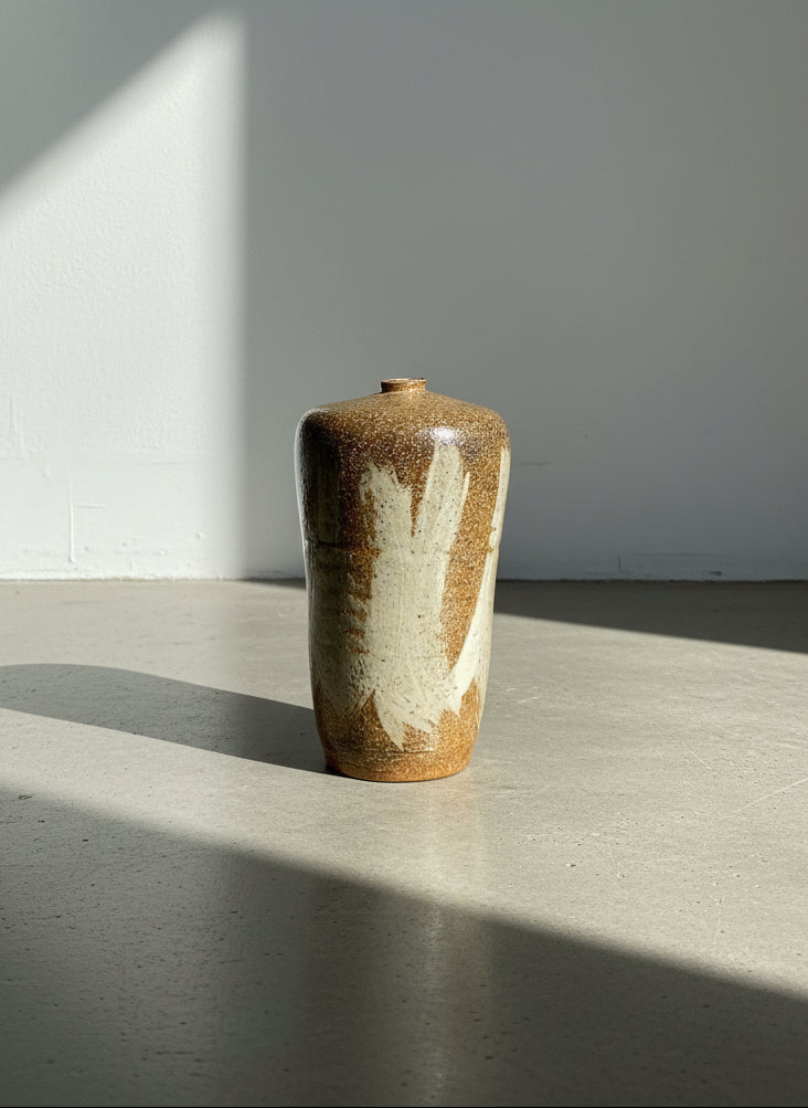 Studio Art Earthenware Bud Vase with Brown and White Brush Glaze