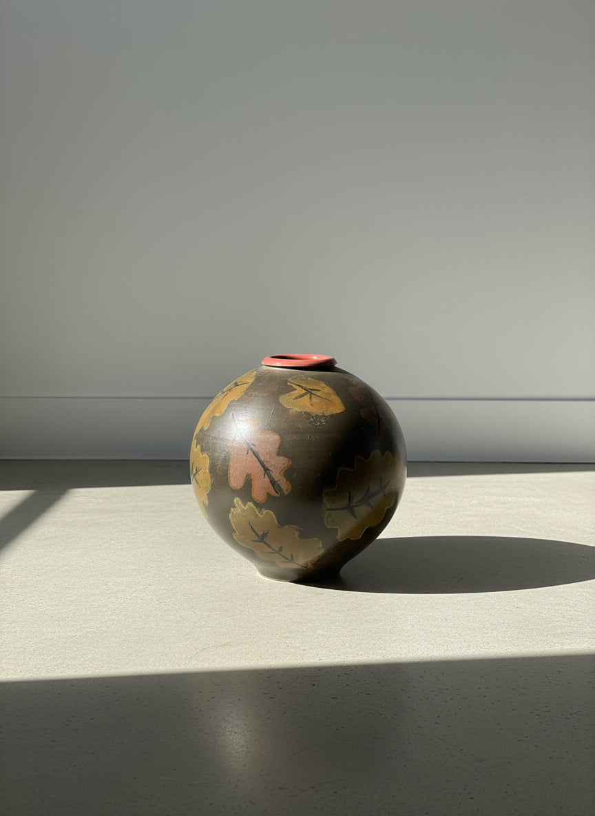 Studio Art Pottery Spherical Vase with Hand-Painted Oak Leaf Motif and Terracotta Rim