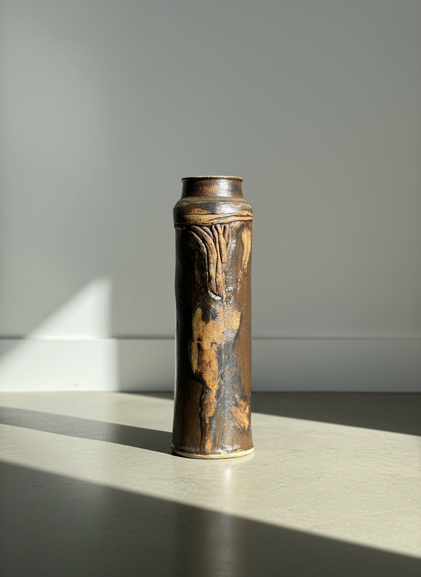 Studio Art Pottery Stoneware Cylinder Vase with Earthy Iron Oxide Glaze