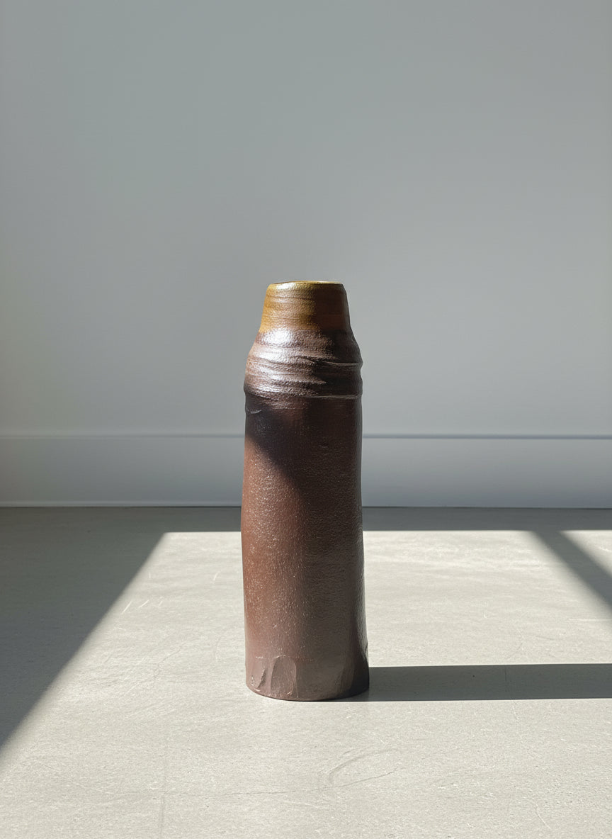 Handmade Stoneware Cylinder Vase with Dark Iron-Oxide Glaze
