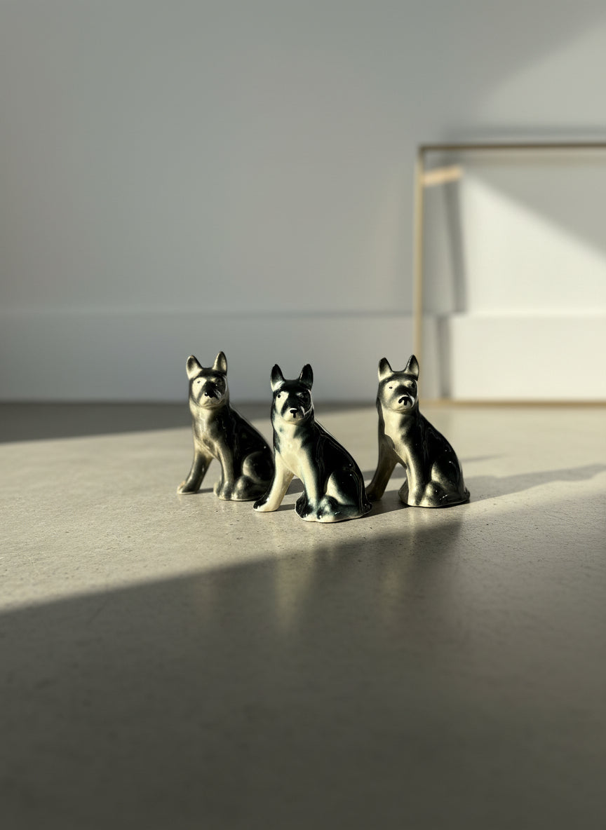 Set of 3 Vintage Black & Cream Ceramic Sitting Dog Figurines – Glossy Glazed Collectible Trio
