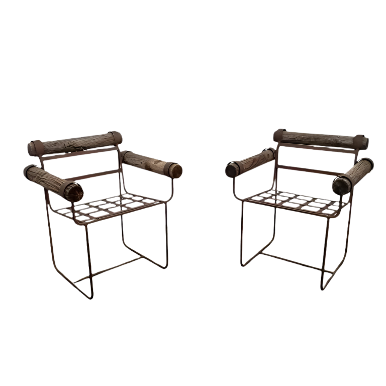 Unique Pair of Rustic Vintage Industrial Garden Chairs with Wooden Log Accents