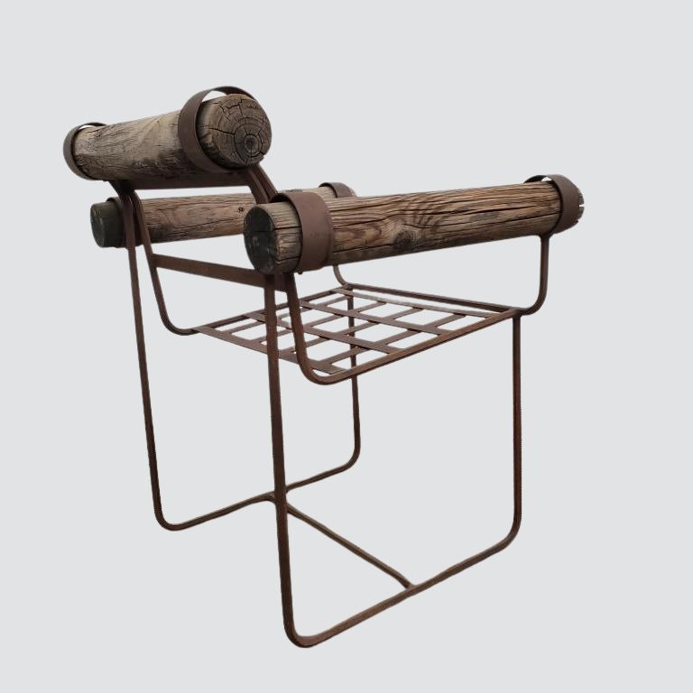 Unique Pair of Rustic Vintage Industrial Garden Chairs with Wooden Log Accents