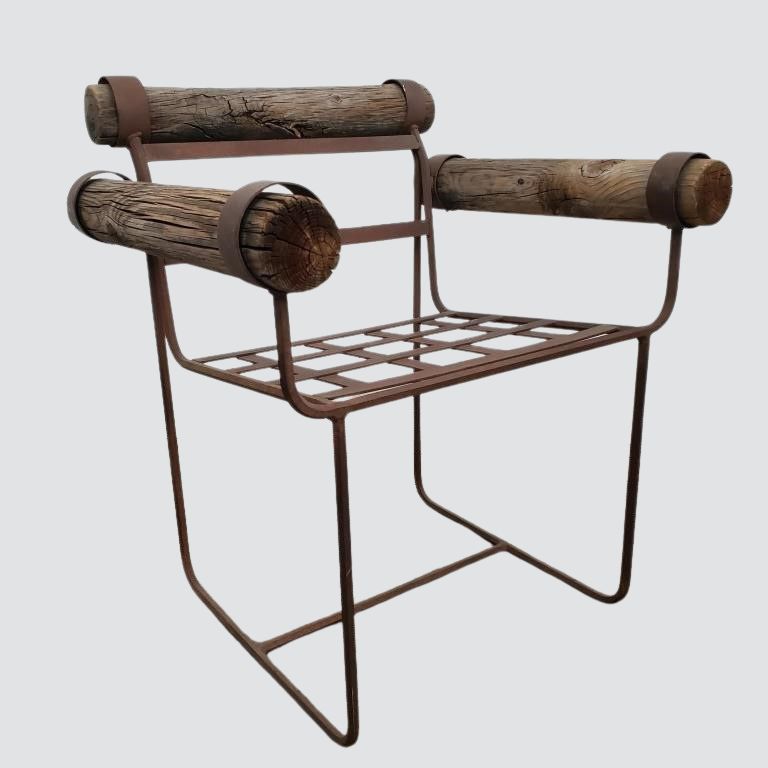 Unique Pair of Rustic Vintage Industrial Garden Chairs with Wooden Log Accents