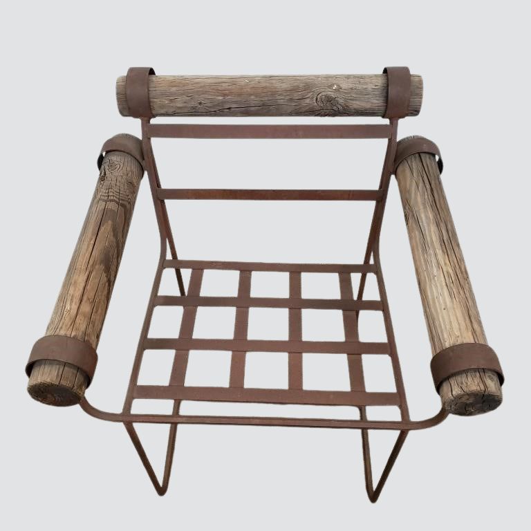 Unique Pair of Rustic Vintage Industrial Garden Chairs with Wooden Log Accents