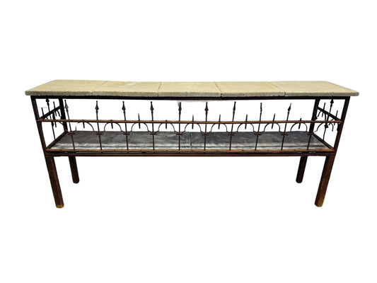 Antique French Iron & Concrete Garden Console Table – Rustic Industrial Charm