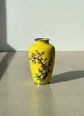 Japanese Cloisonné Yellow Enamel Vase with Hand-Painted Plum Blossoms & Silver-Tone Accents