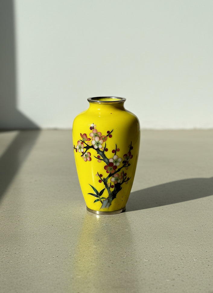 Japanese Cloisonné Yellow Enamel Vase with Hand-Painted Plum Blossoms & Silver-Tone Accents