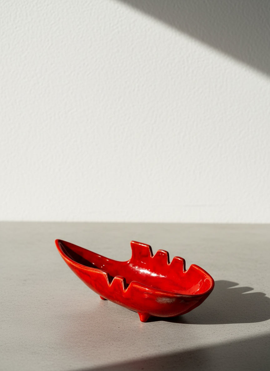 Striking 1961 Handcrafted Red Glazed Sculptural Mid-Century Modern Ceramic Ashtray Signed by A. Snech