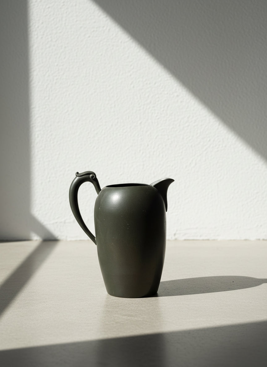 Vintage Black Ceramic Pitcher with Sculpted Scroll Handle – Matte Handcrafted Art Pottery Vessel