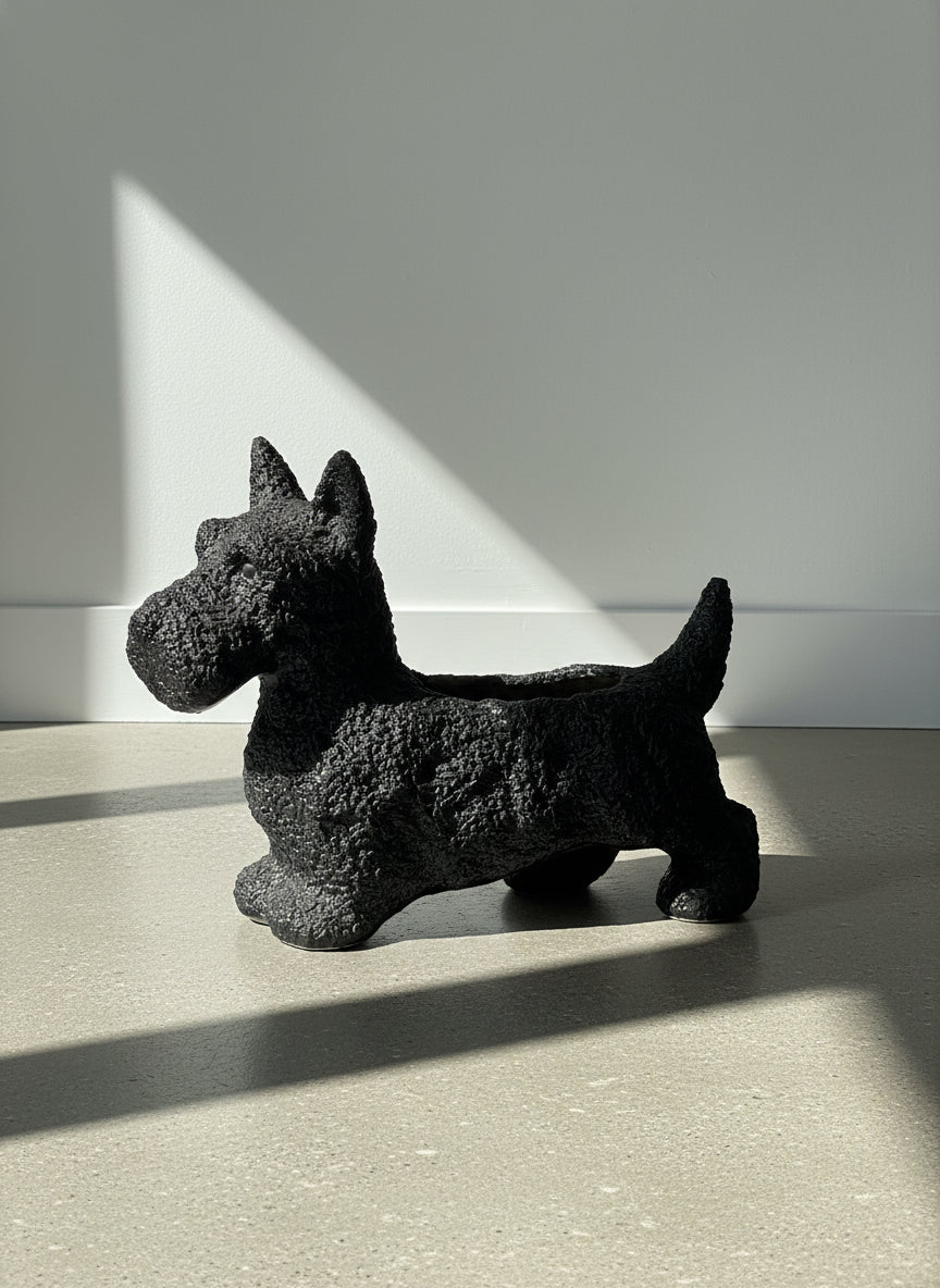 Vintage Black Ceramic Scottie Dog Planter with Textured Coat Finish