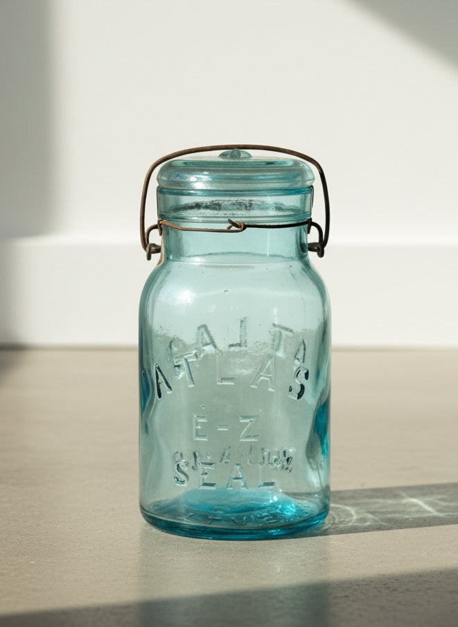 Vintage Blue “Atlas E-Z Seal” Aqua Glass Mason Jar