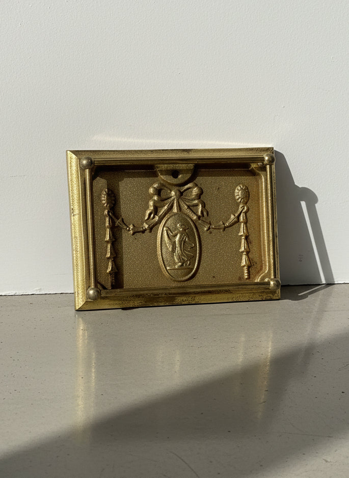 Vintage Brass Neoclassical Ornate Wall-Mount Plaque with Ribbon & Classical Medallion Relief