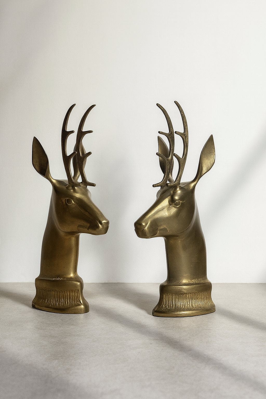 Vintage Brass Stag Head Sculpture Pair – Tall Deer Bust Figurines with Elegant Antlers