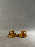 Vintage Brown Drip Pottery Chamberstick Candle Holders – Set of Two