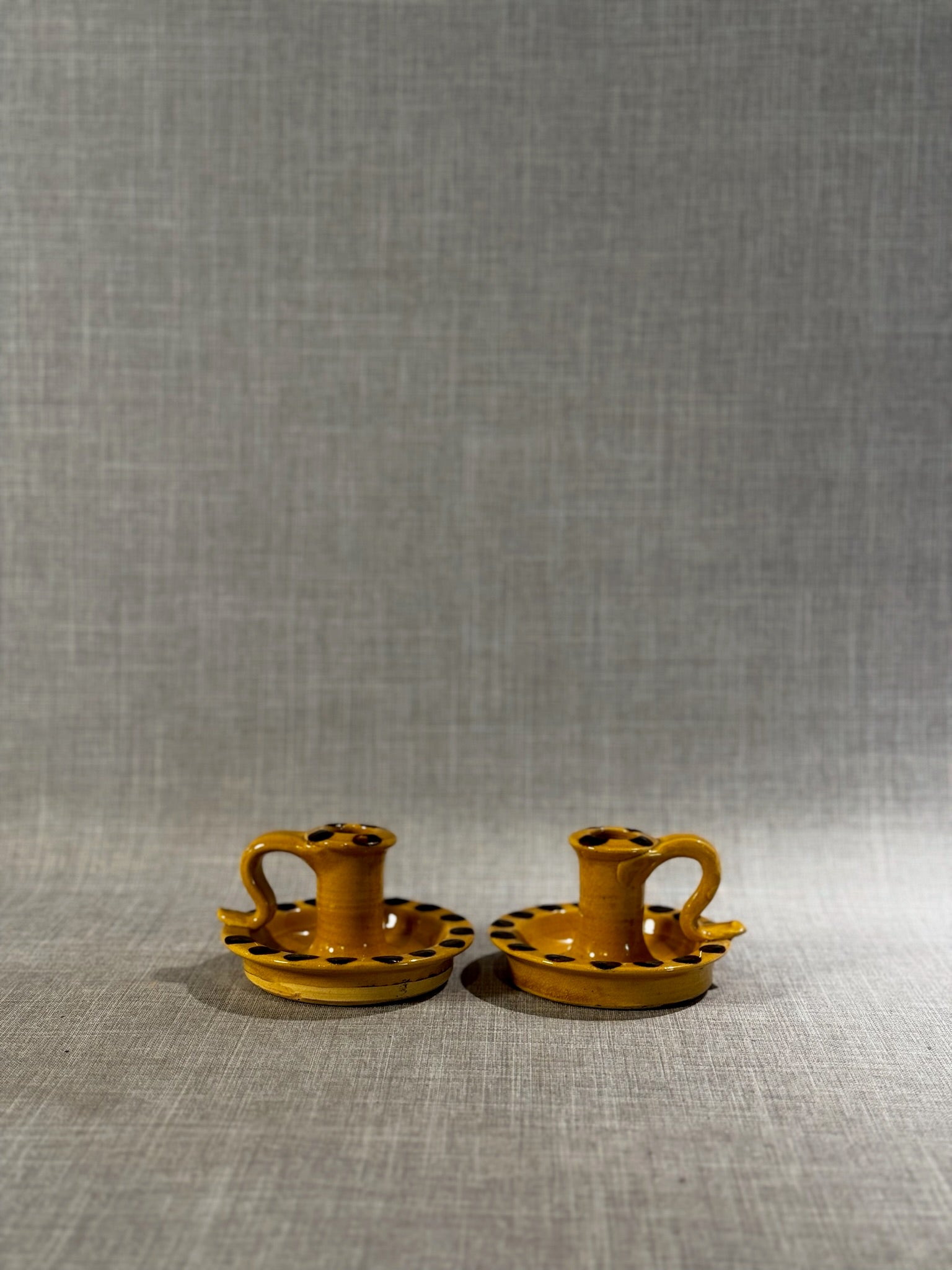 Vintage Brown Drip Pottery Chamberstick Candle Holders – Set of Two