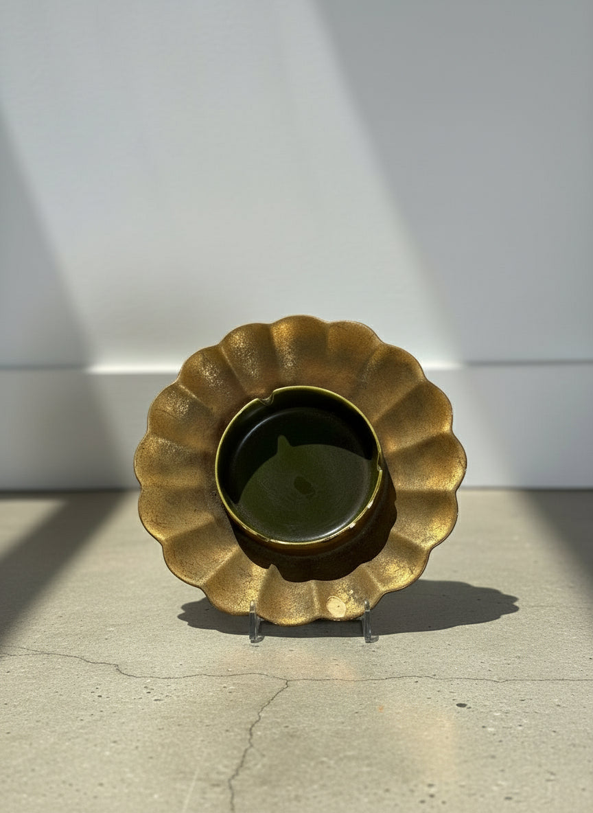Elegant Mid-Century Brushed Gold Ceramic Ashtray with Scalloped Floral Rim & Deep Green Glazed Bowl