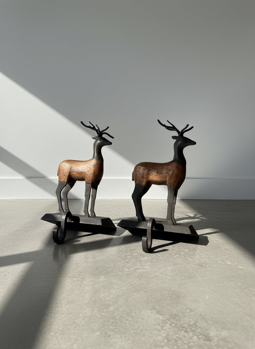 Vintage Cast Iron Deer Stocking Holders with Warm Copper Patina – Set of Two