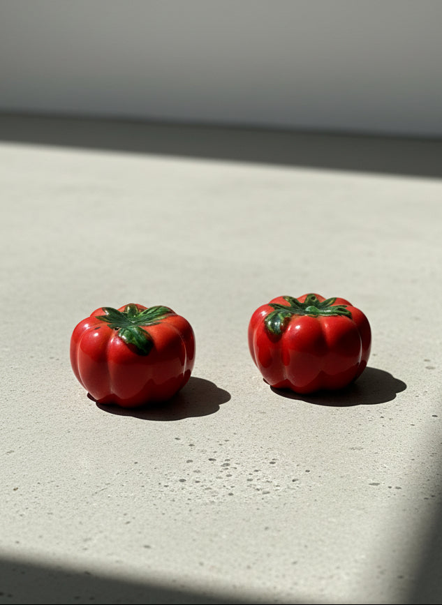 Charming Vintage Ceramic Tomato Salt & Pepper Shaker Set – Glossy Red Hand-Painted Vegetable Tableware Pair
