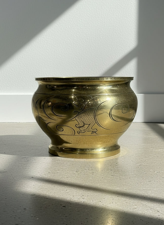 Vintage Chinese Brass Jardinière Planter with Hand-Etched Dragon Motif