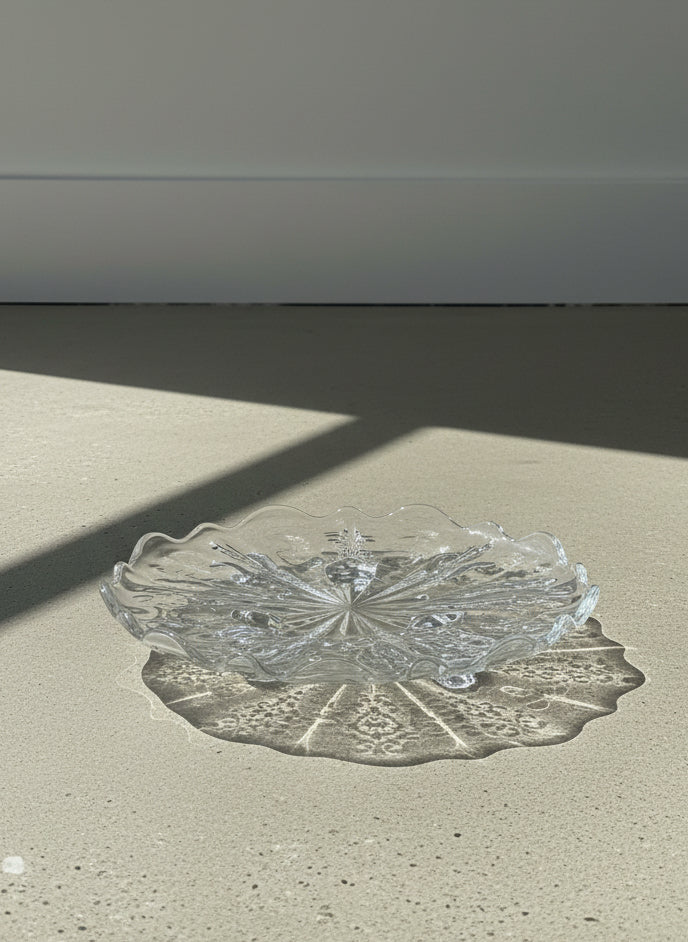 Vintage Clear Etched Glass Footed Serving Platter with Scalloped Rim